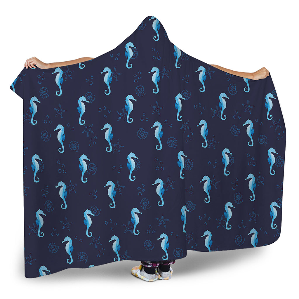 Blue Seahorse Pattern Print Hooded Blanket