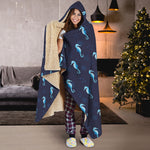 Blue Seahorse Pattern Print Hooded Blanket