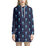Blue Seahorse Pattern Print Hoodie Dress