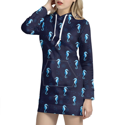 Blue Seahorse Pattern Print Hoodie Dress