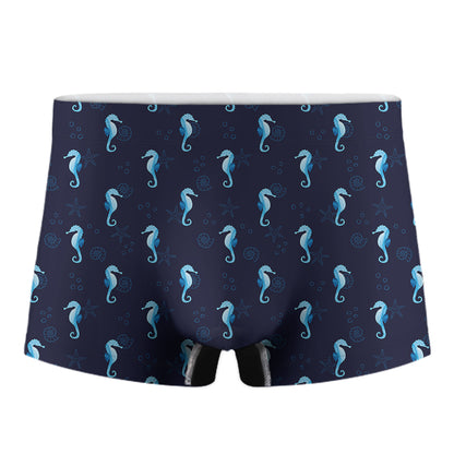 Blue Seahorse Pattern Print Men's Boxer Briefs