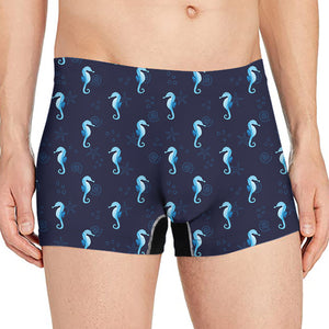 Blue Seahorse Pattern Print Men's Boxer Briefs