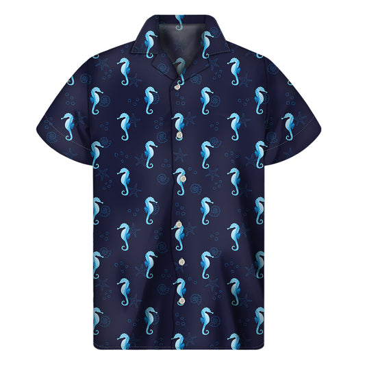Blue Seahorse Pattern Print Men's Short Sleeve Shirt