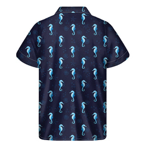 Blue Seahorse Pattern Print Men's Short Sleeve Shirt