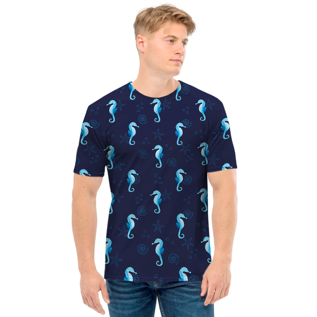 Blue Seahorse Pattern Print Men's T-Shirt