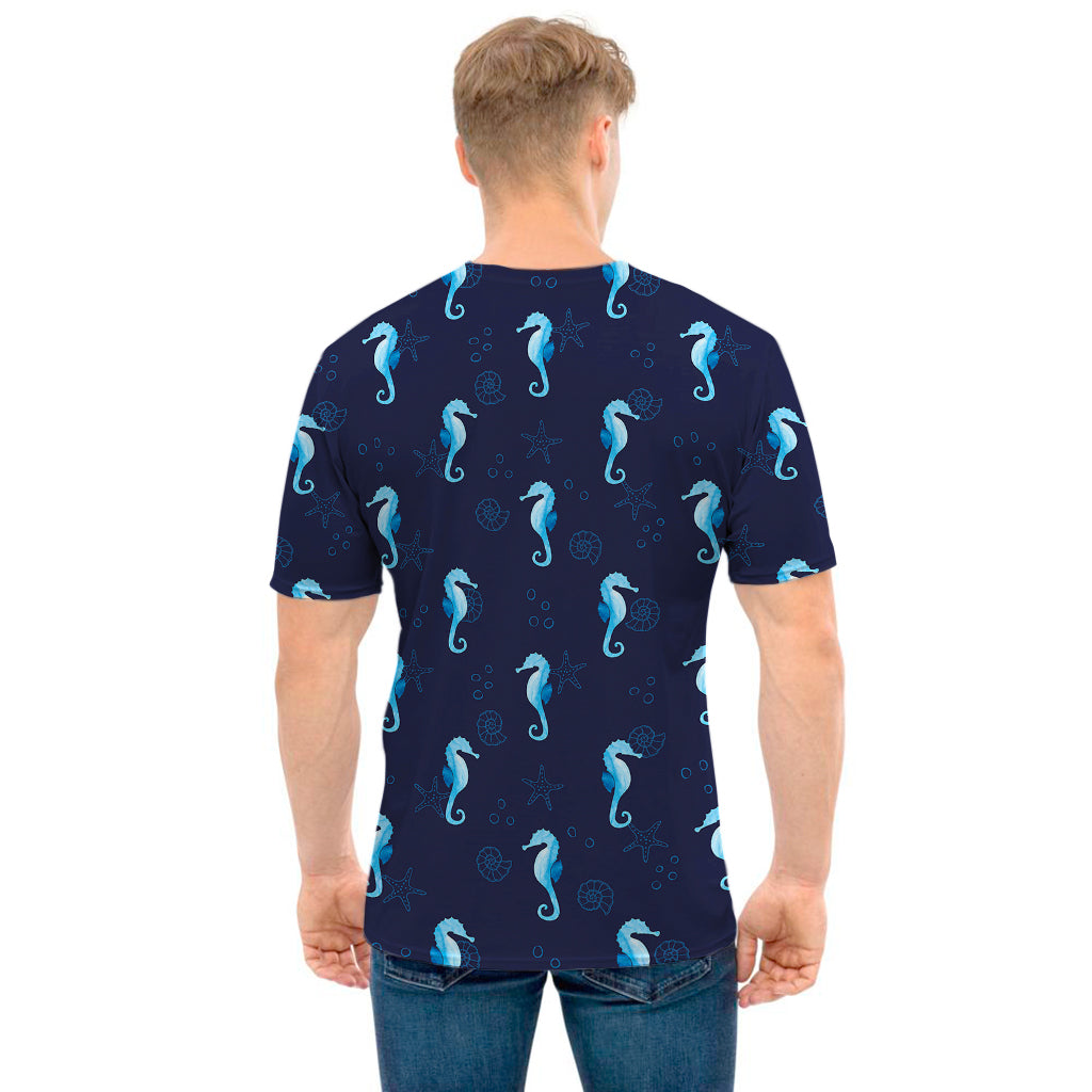 Blue Seahorse Pattern Print Men's T-Shirt