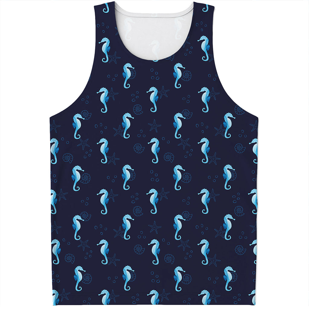 Blue Seahorse Pattern Print Men's Tank Top