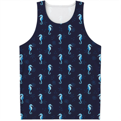 Blue Seahorse Pattern Print Men's Tank Top