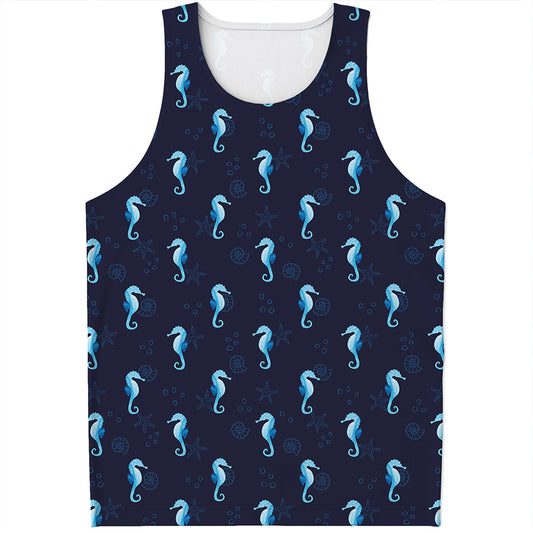 Blue Seahorse Pattern Print Men's Tank Top