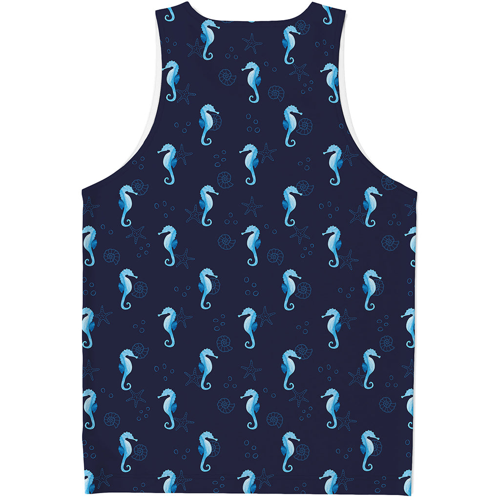 Blue Seahorse Pattern Print Men's Tank Top