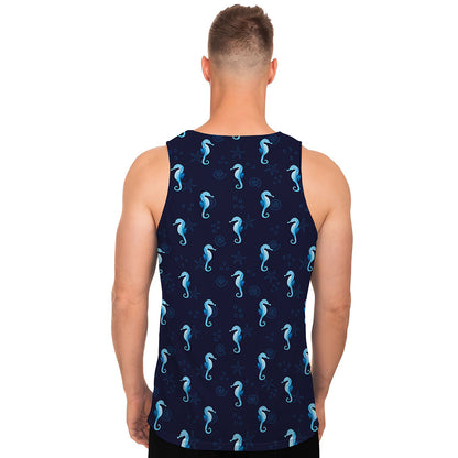 Blue Seahorse Pattern Print Men's Tank Top