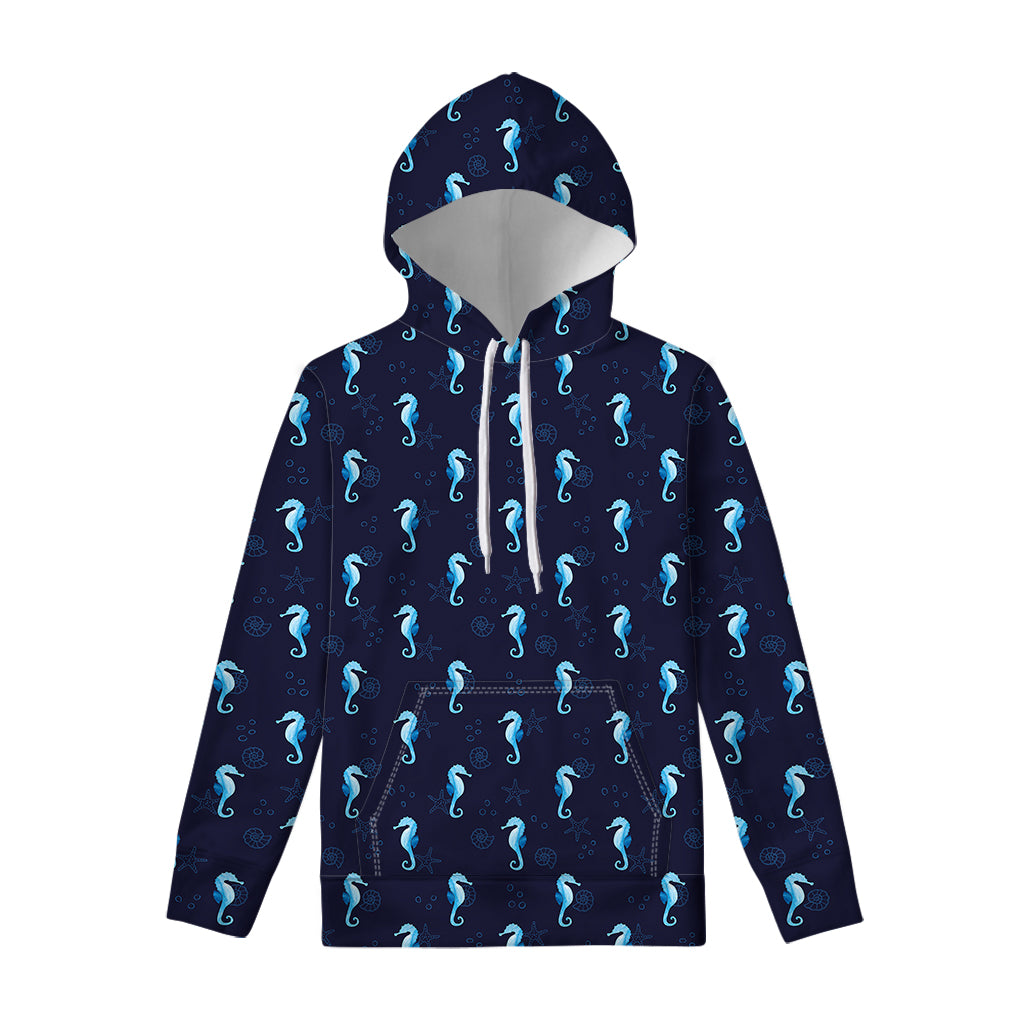 Blue Seahorse Pattern Print Pullover Hoodie