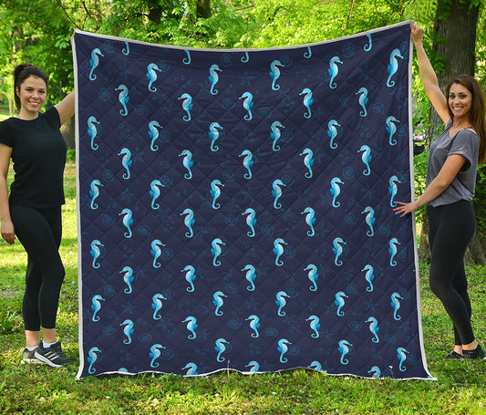 Blue Seahorse Pattern Print Quilt