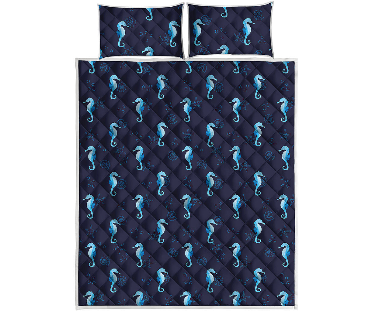 Blue Seahorse Pattern Print Quilt Bed Set