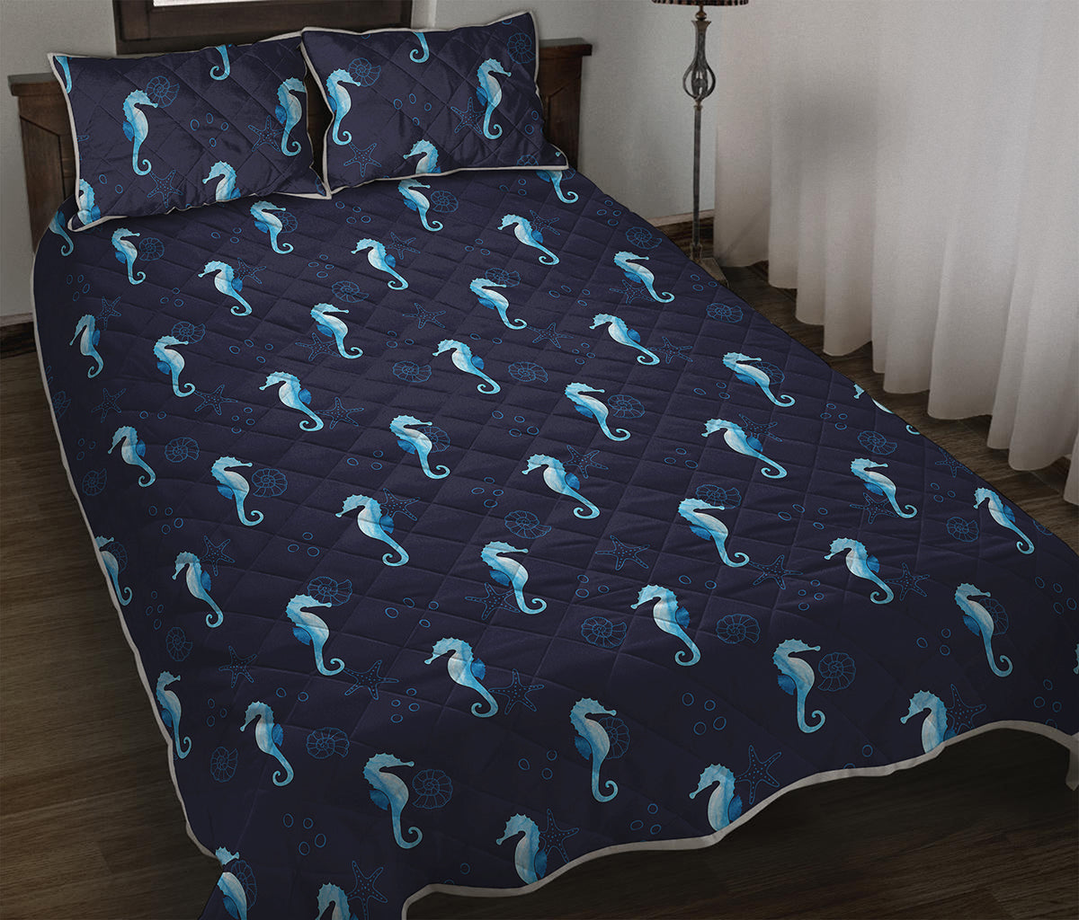 Blue Seahorse Pattern Print Quilt Bed Set