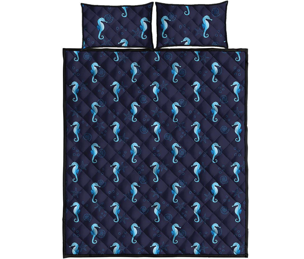 Blue Seahorse Pattern Print Quilt Bed Set