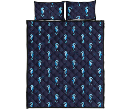Blue Seahorse Pattern Print Quilt Bed Set
