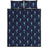 Blue Seahorse Pattern Print Quilt Bed Set