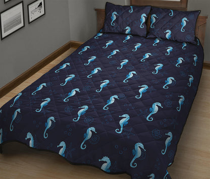 Blue Seahorse Pattern Print Quilt Bed Set