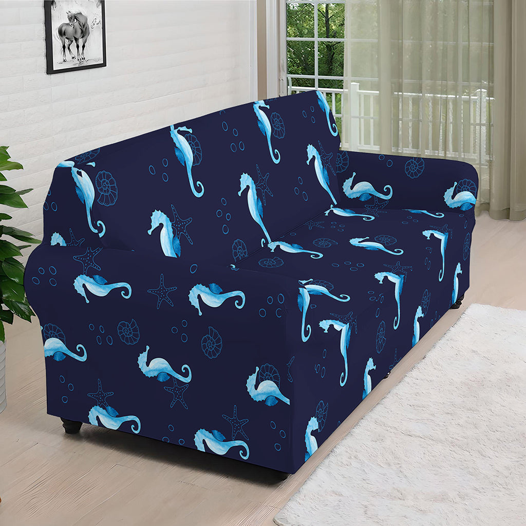 Blue Seahorse Pattern Print Sofa Cover
