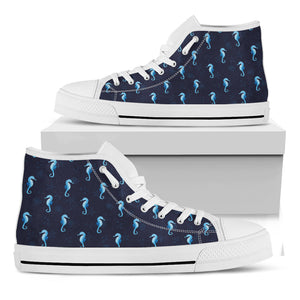 Blue Seahorse Pattern Print White High Top Shoes