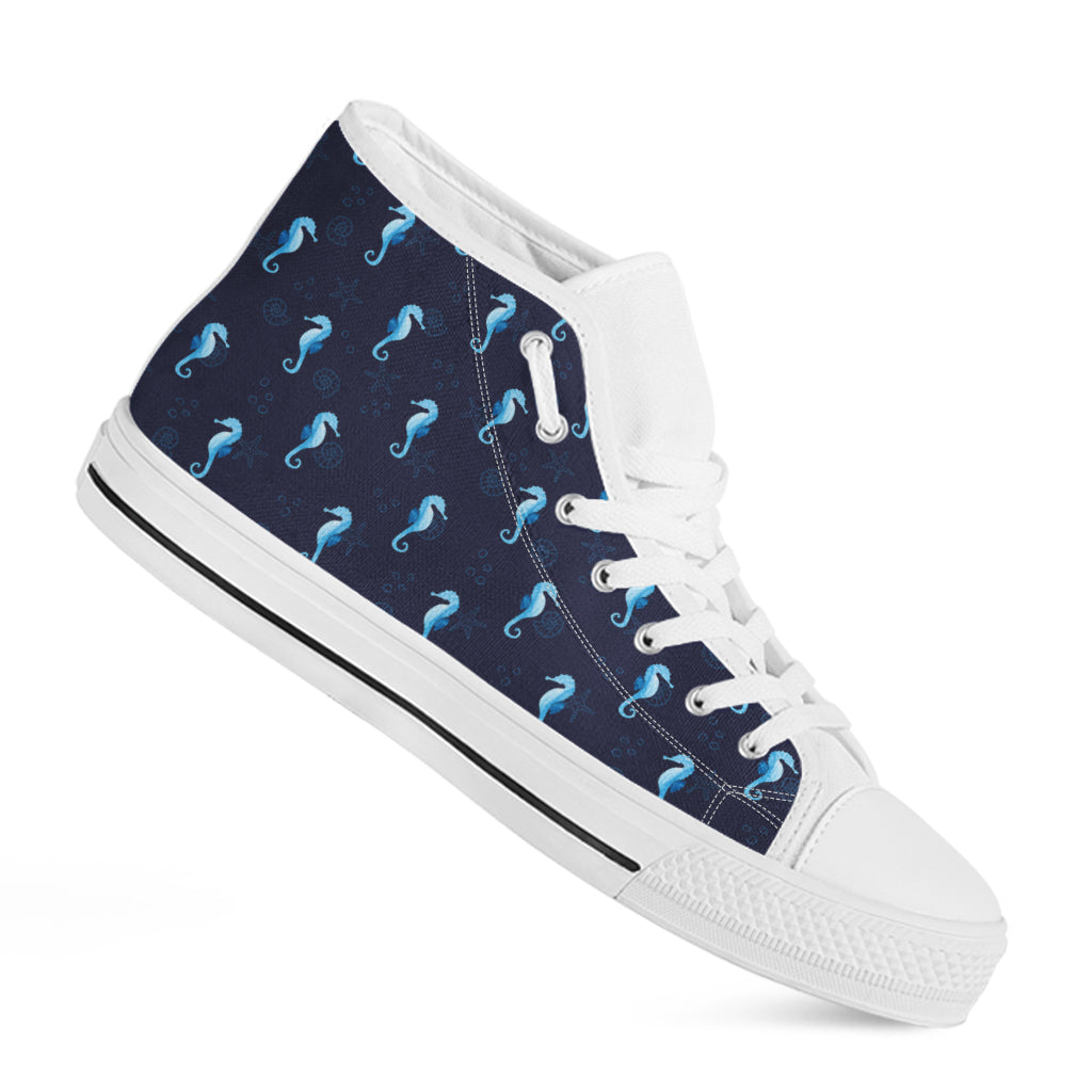 Blue Seahorse Pattern Print White High Top Shoes