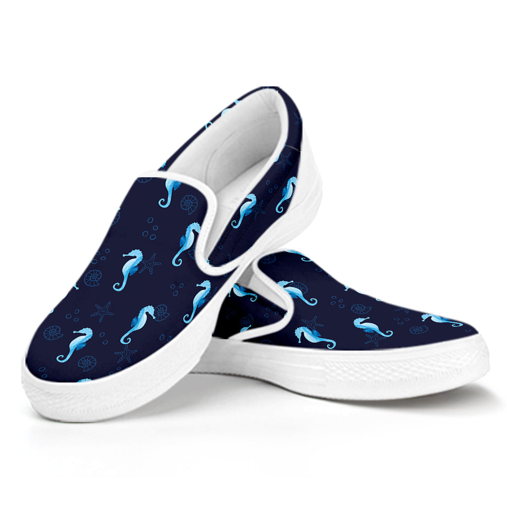 Blue Seahorse Pattern Print White Slip On Shoes