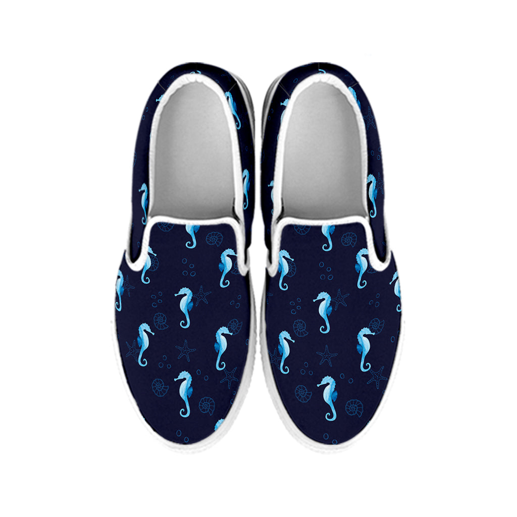 Blue Seahorse Pattern Print White Slip On Shoes