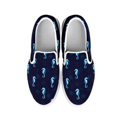 Blue Seahorse Pattern Print White Slip On Shoes