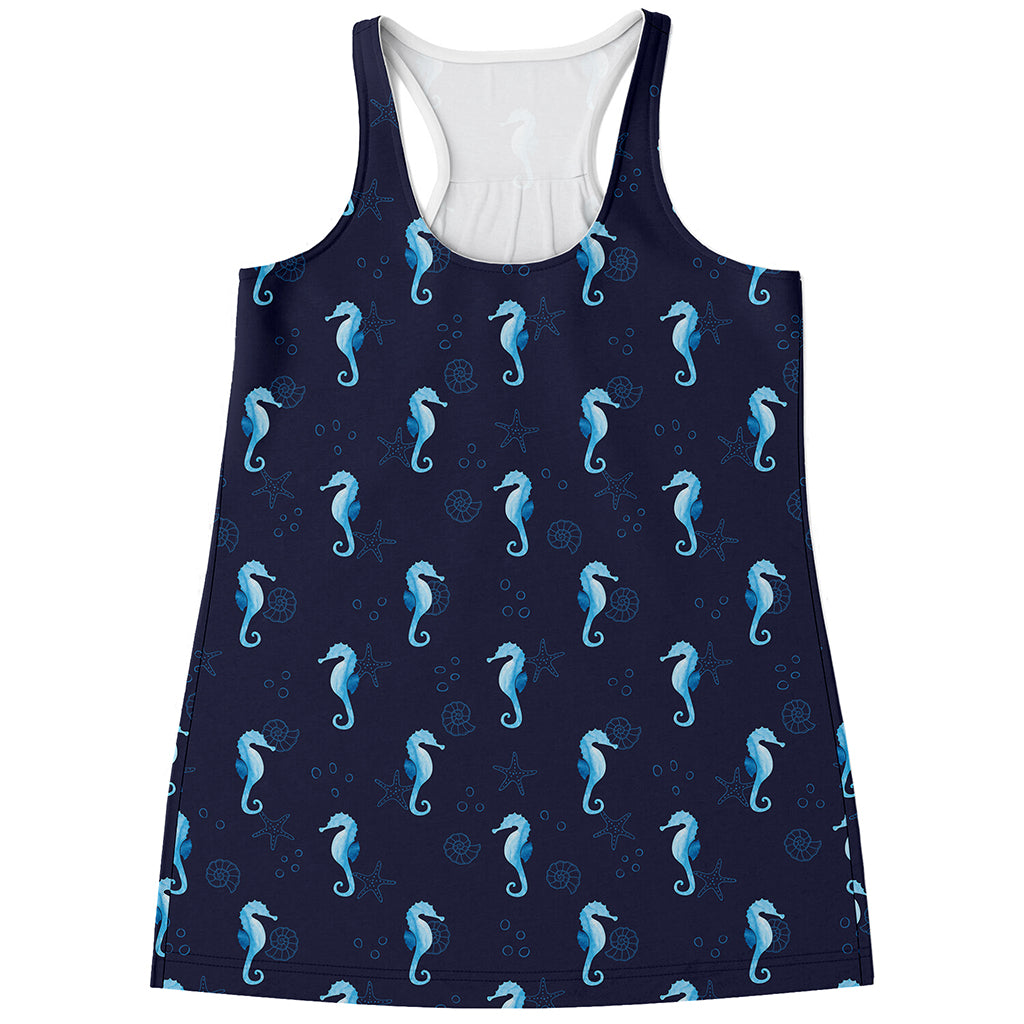 Blue Seahorse Pattern Print Women's Racerback Tank Top