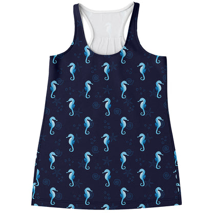 Blue Seahorse Pattern Print Women's Racerback Tank Top