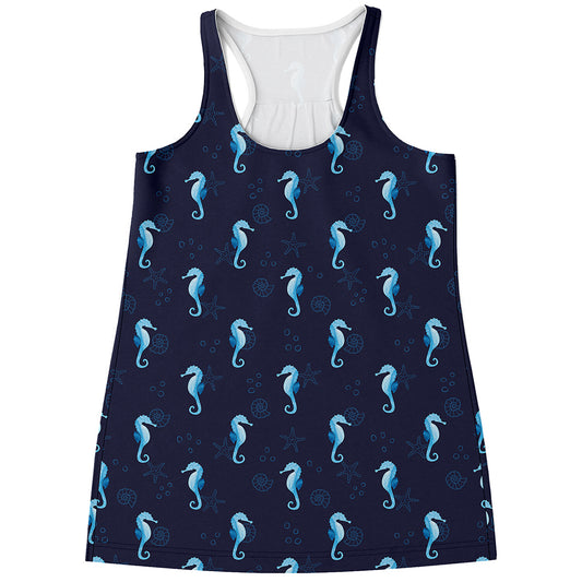 Blue Seahorse Pattern Print Women's Racerback Tank Top