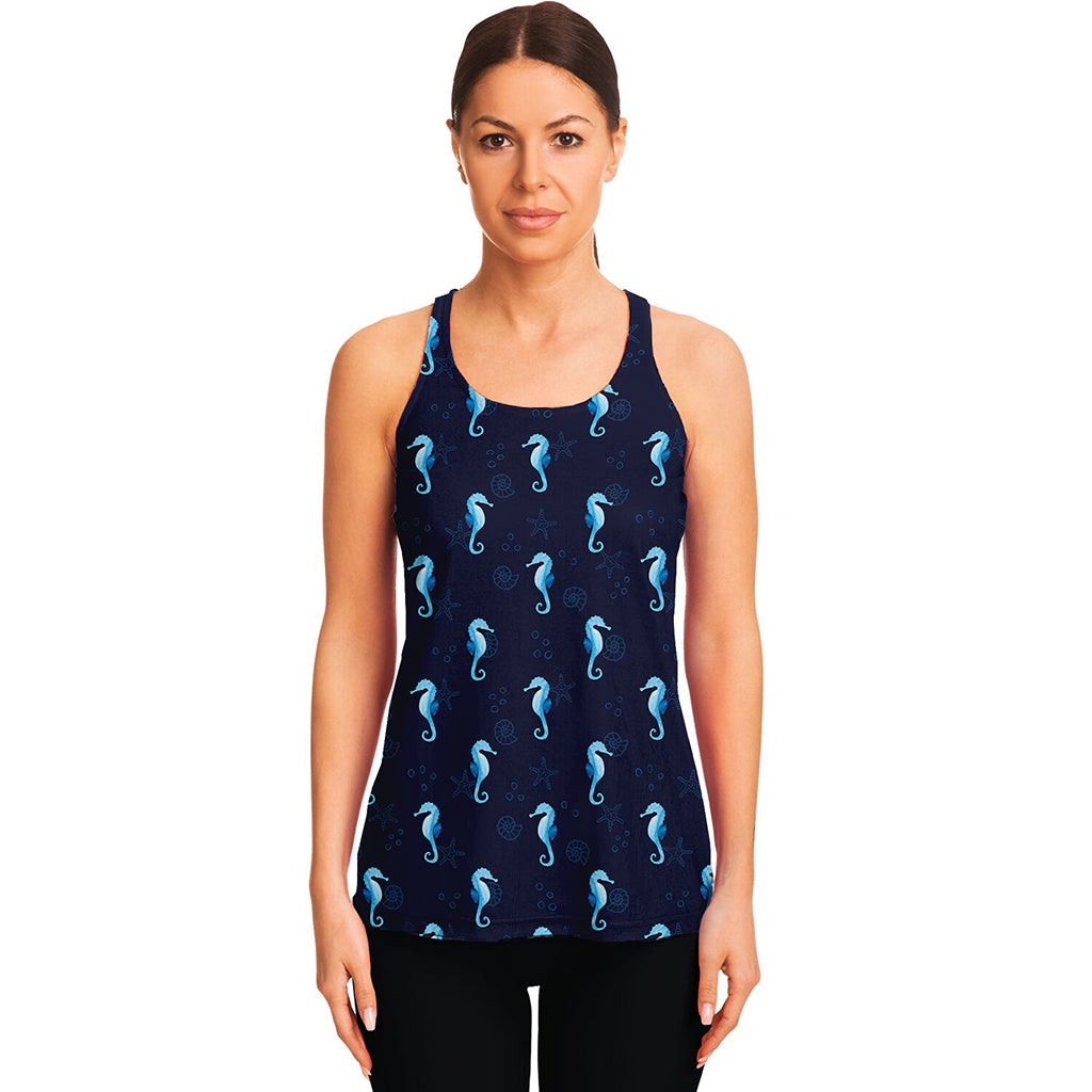 Blue Seahorse Pattern Print Women's Racerback Tank Top