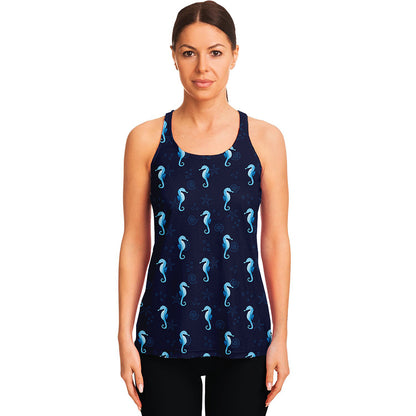 Blue Seahorse Pattern Print Women's Racerback Tank Top