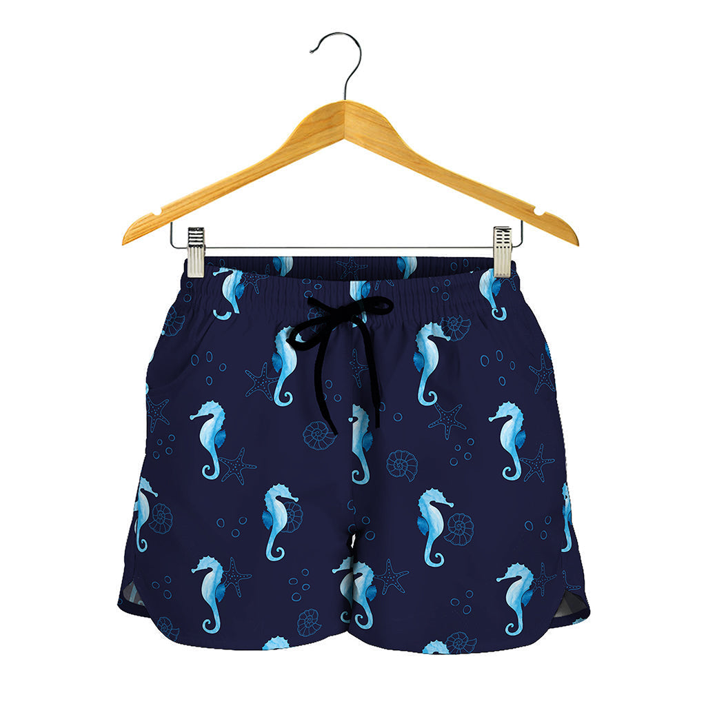 Blue Seahorse Pattern Print Women's Shorts