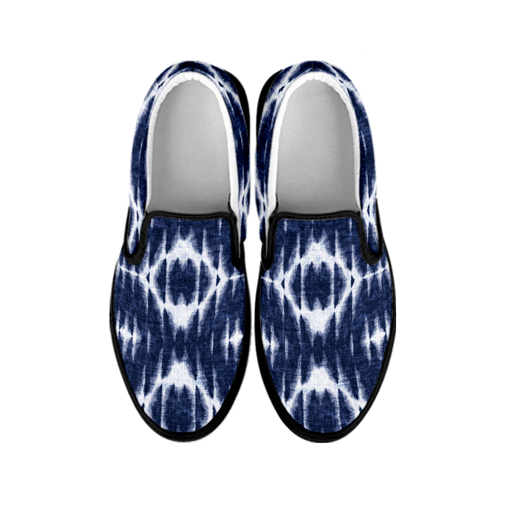 Blue Shibori Print Black Slip On Shoes