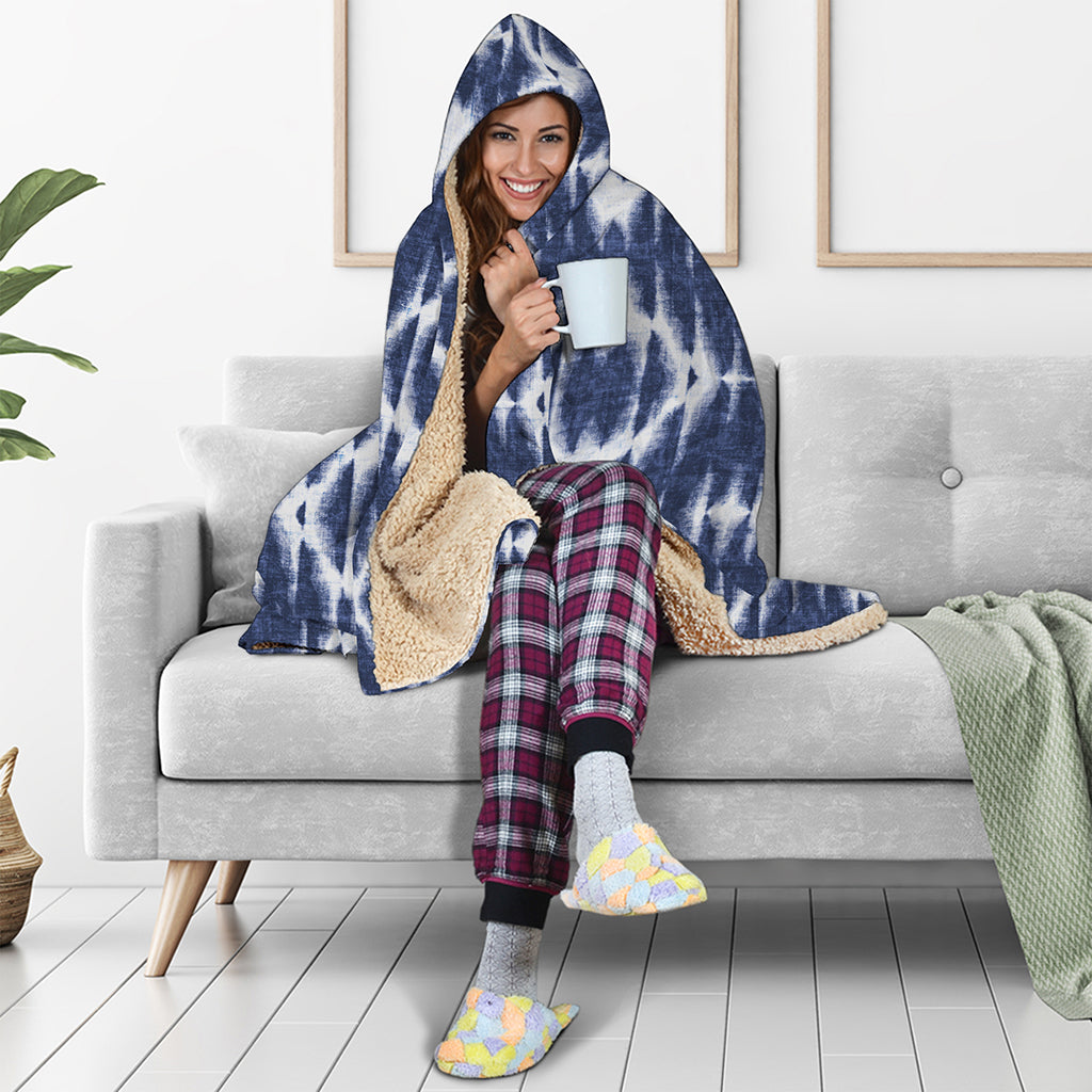 Blue Shibori Print Hooded Blanket
