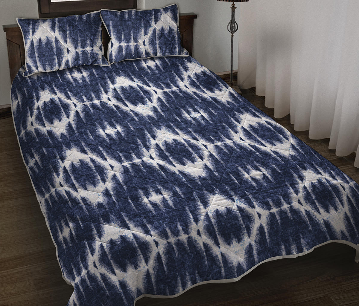 Blue Shibori Print Quilt Bed Set