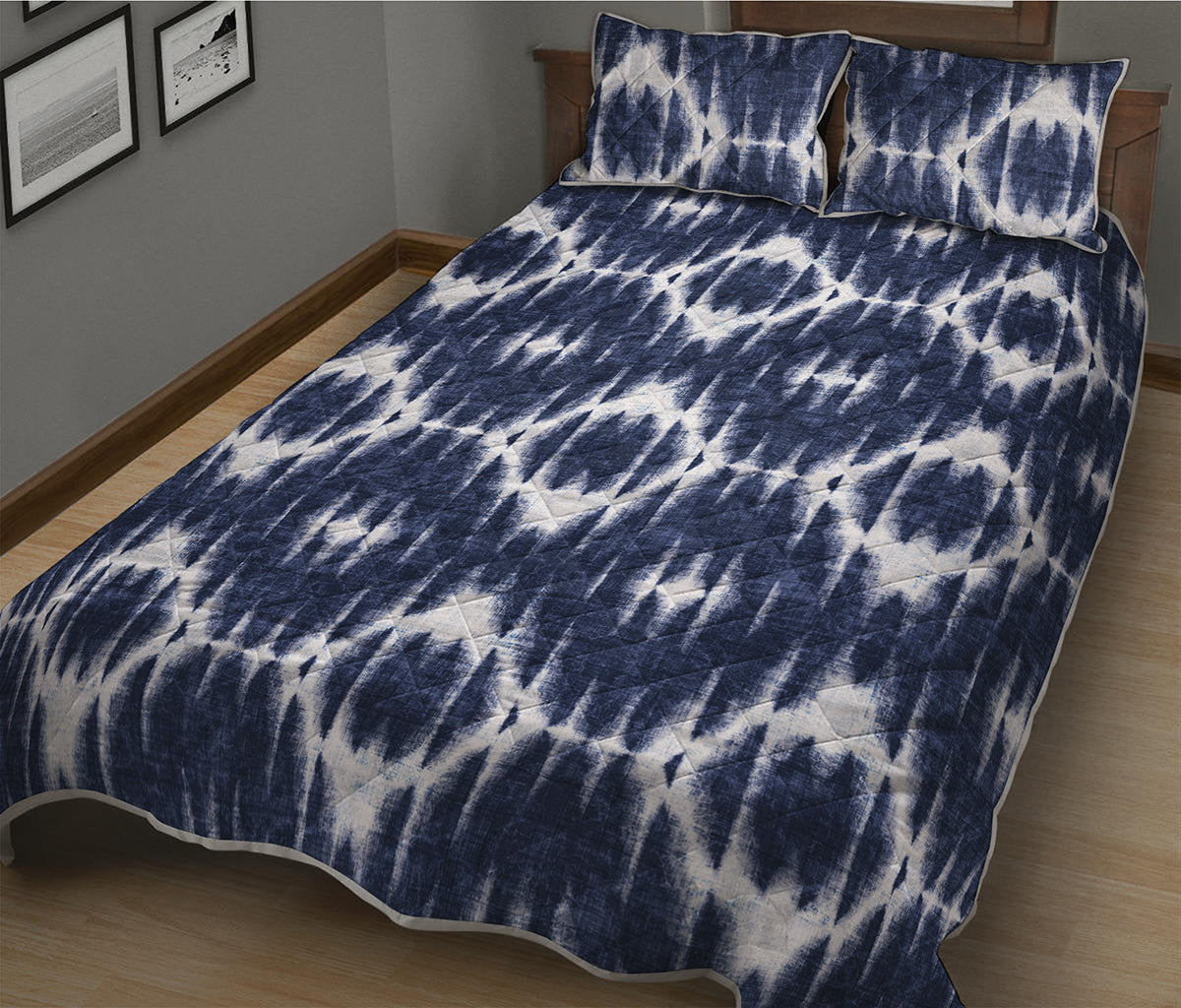 Blue Shibori Print Quilt Bed Set