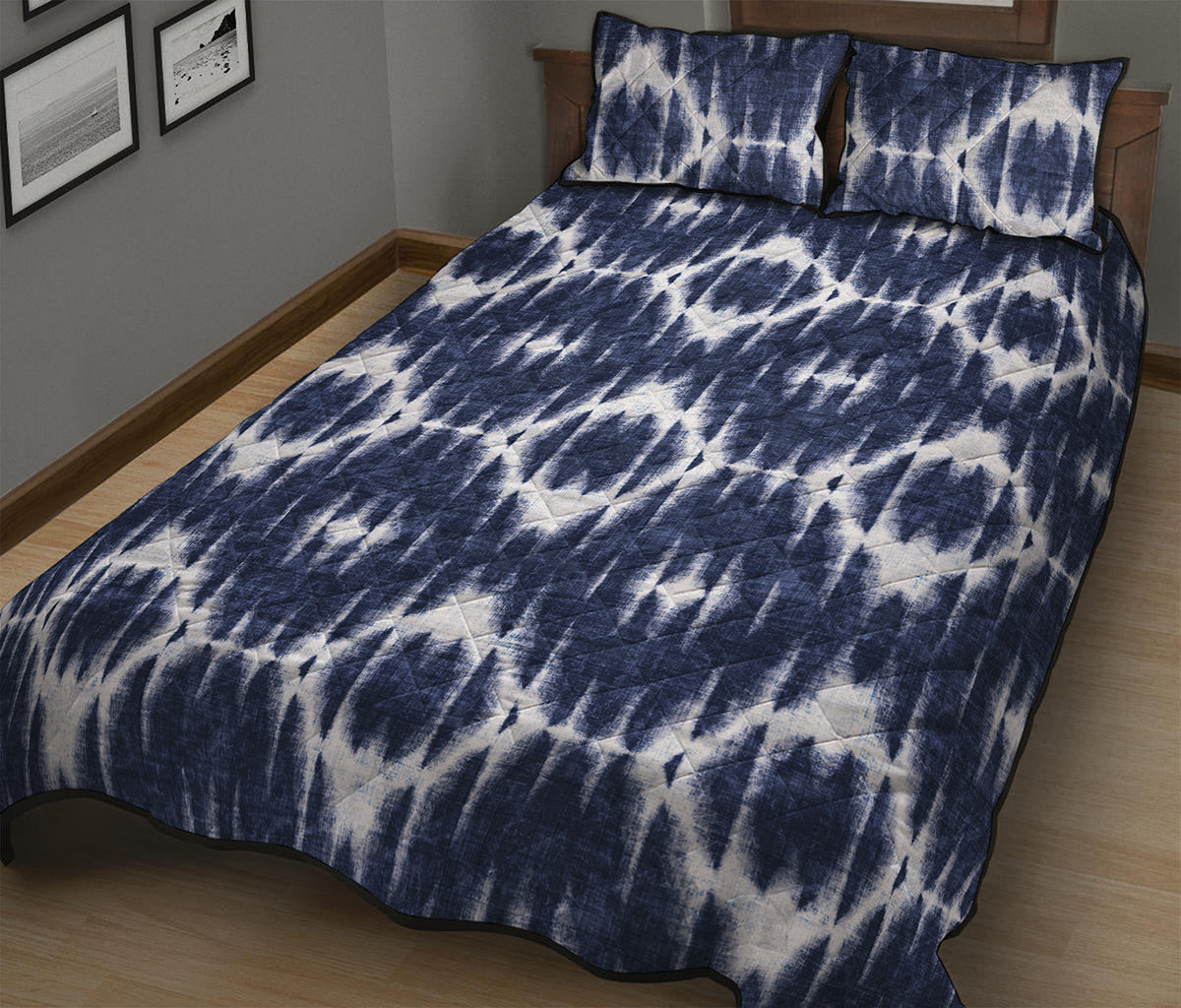 Blue Shibori Print Quilt Bed Set