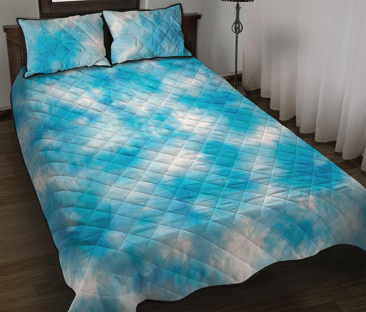 Blue Shibori Tie Dye Print Quilt Bed Set