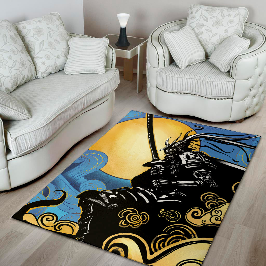 Blue Sky And Golden Sun Samurai Print Area Rug