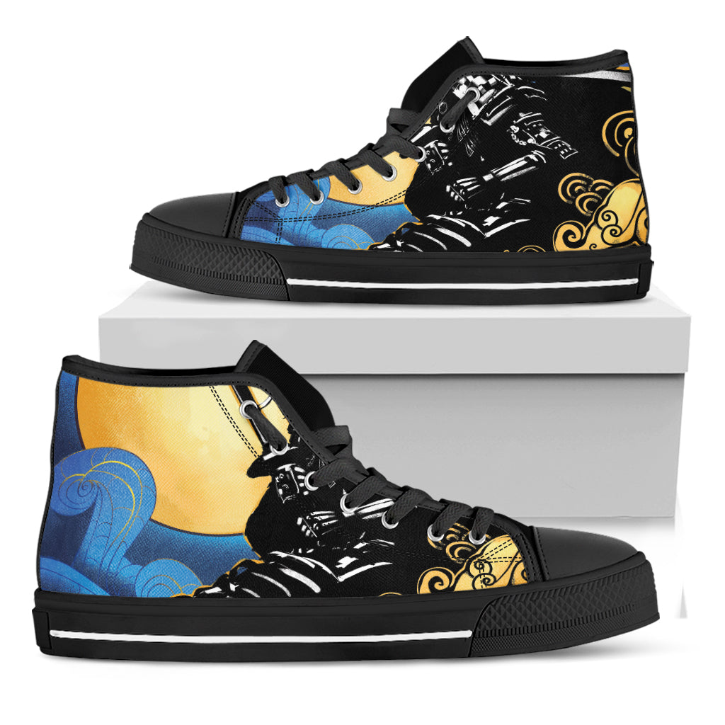 Blue Sky And Golden Sun Samurai Print Black High Top Shoes