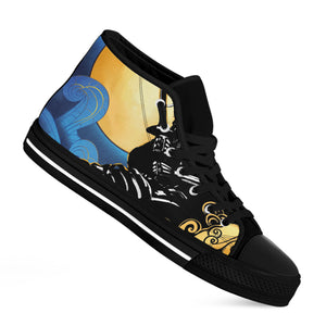 Blue Sky And Golden Sun Samurai Print Black High Top Shoes