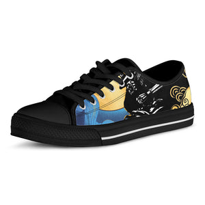 Blue Sky And Golden Sun Samurai Print Black Low Top Shoes