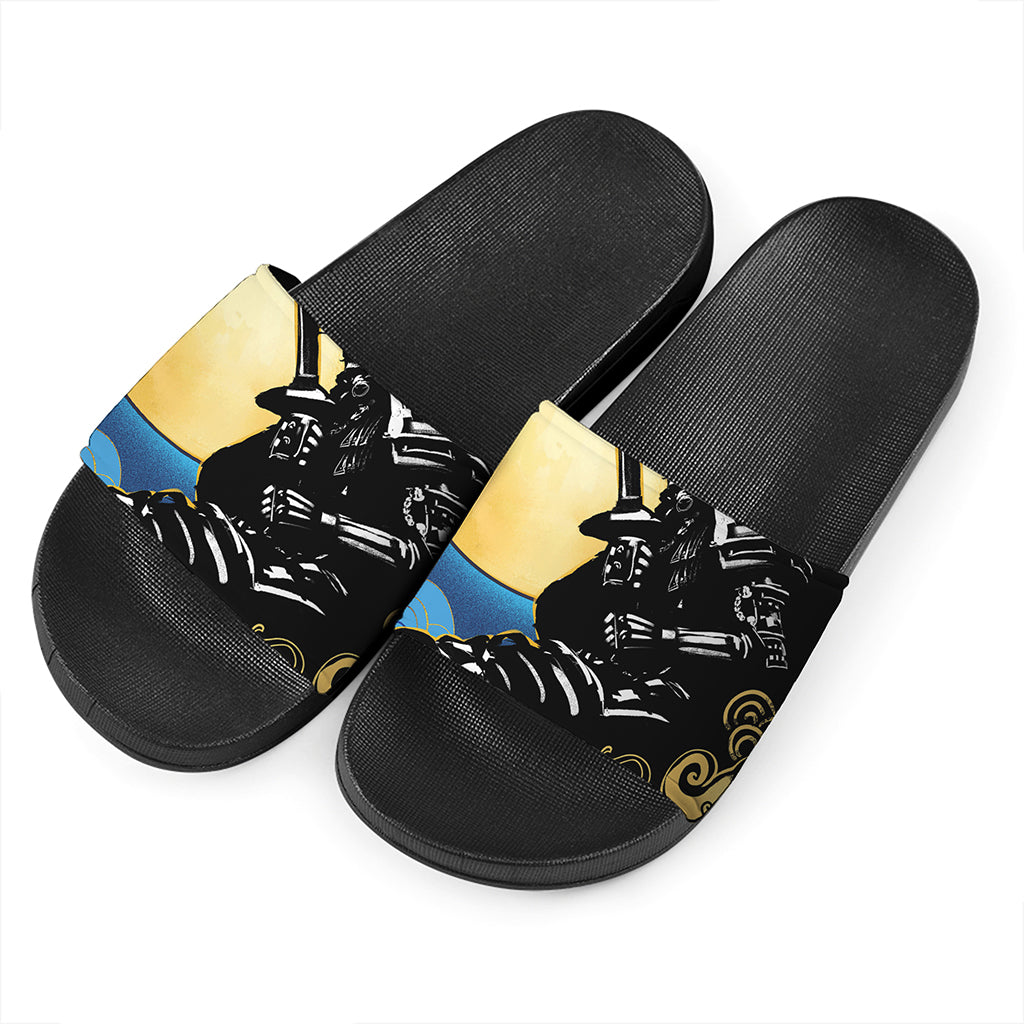 Blue Sky And Golden Sun Samurai Print Black Slide Sandals