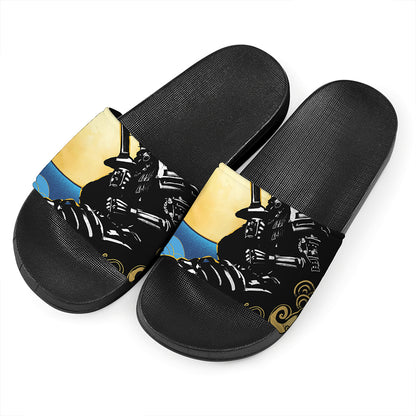 Blue Sky And Golden Sun Samurai Print Black Slide Sandals