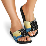 Blue Sky And Golden Sun Samurai Print Black Slide Sandals