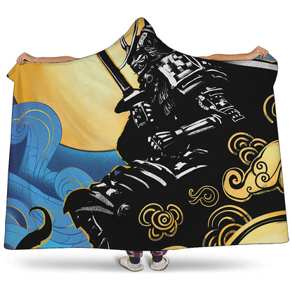 Blue Sky And Golden Sun Samurai Print Hooded Blanket