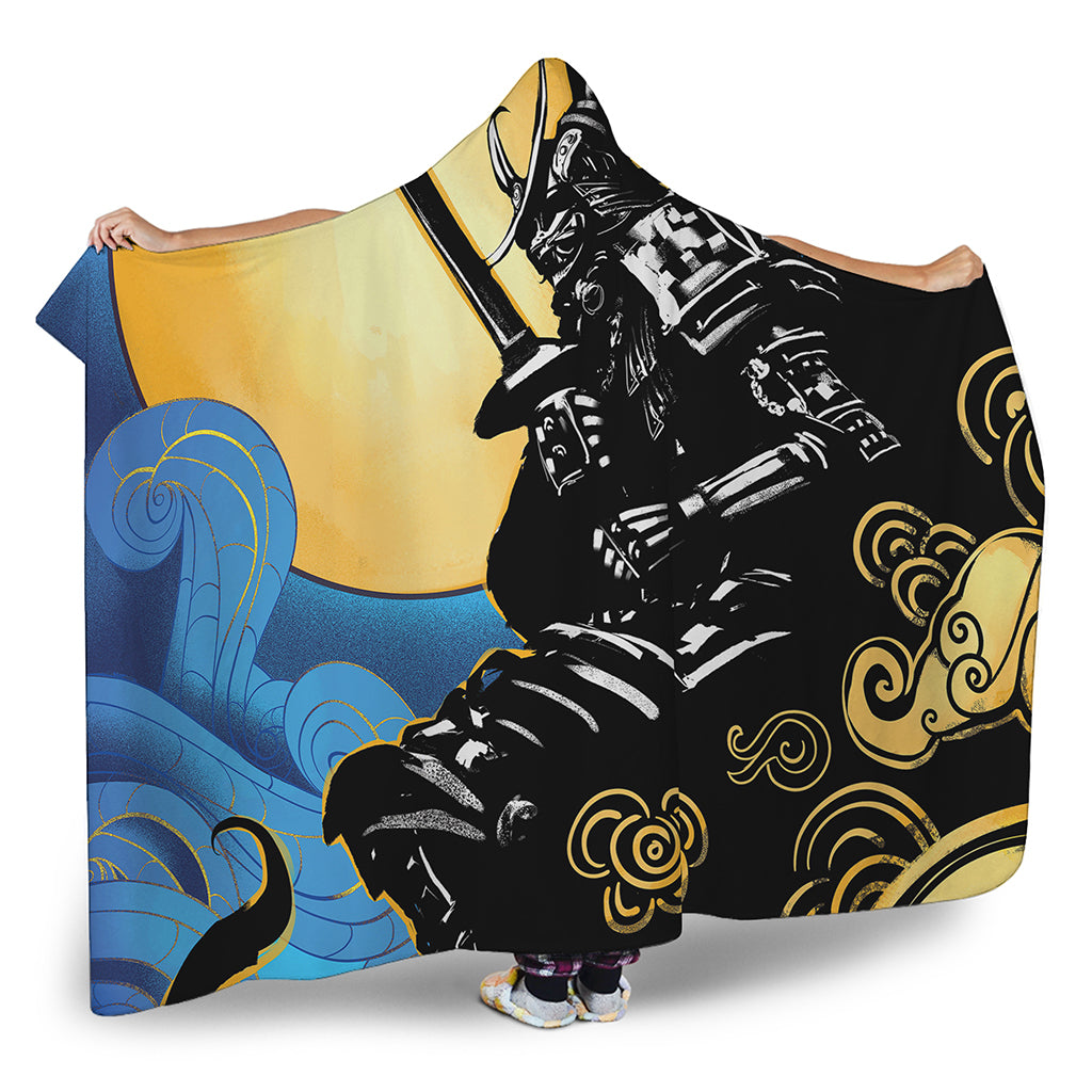 Blue Sky And Golden Sun Samurai Print Hooded Blanket